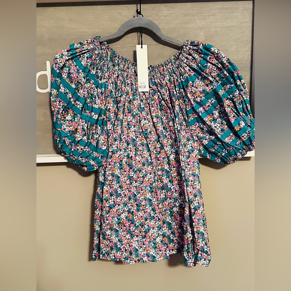 NWT PINCH Floral Puff Sleeve Top - Teal and Multicolor! Sz Med